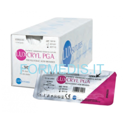 Luxcryl PGA Sutura chirurgica assorbibile sintetica Acido poliglicolico intrecciato ago 1/2 cerchio cilindrico 22 mm.